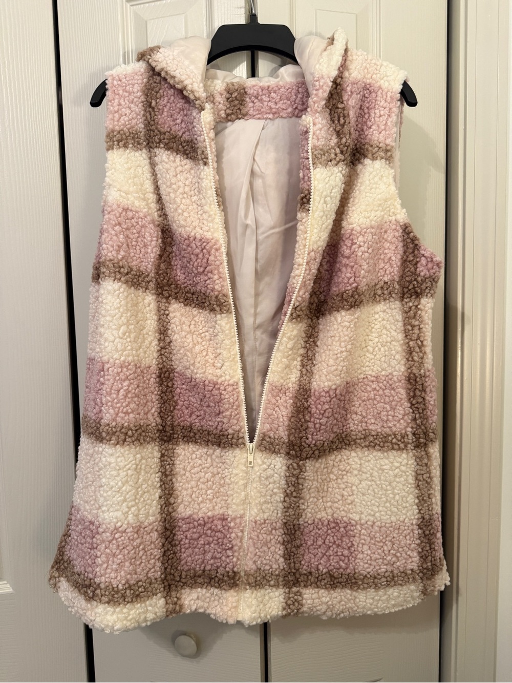 SHEIN Curve- Pink and Cream plaid Hooded Teddy Vest